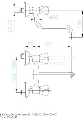 Bateria zlewozmywakowa ścienna STANDARD KFA (rozstaw 145 mm / 14,5 cm, wylewka 160 mm) NOWOŚĆ