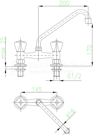 Bateria STANDARD zlewozmywakowa stojąca dwuotworowa 145 mm wylewka 200